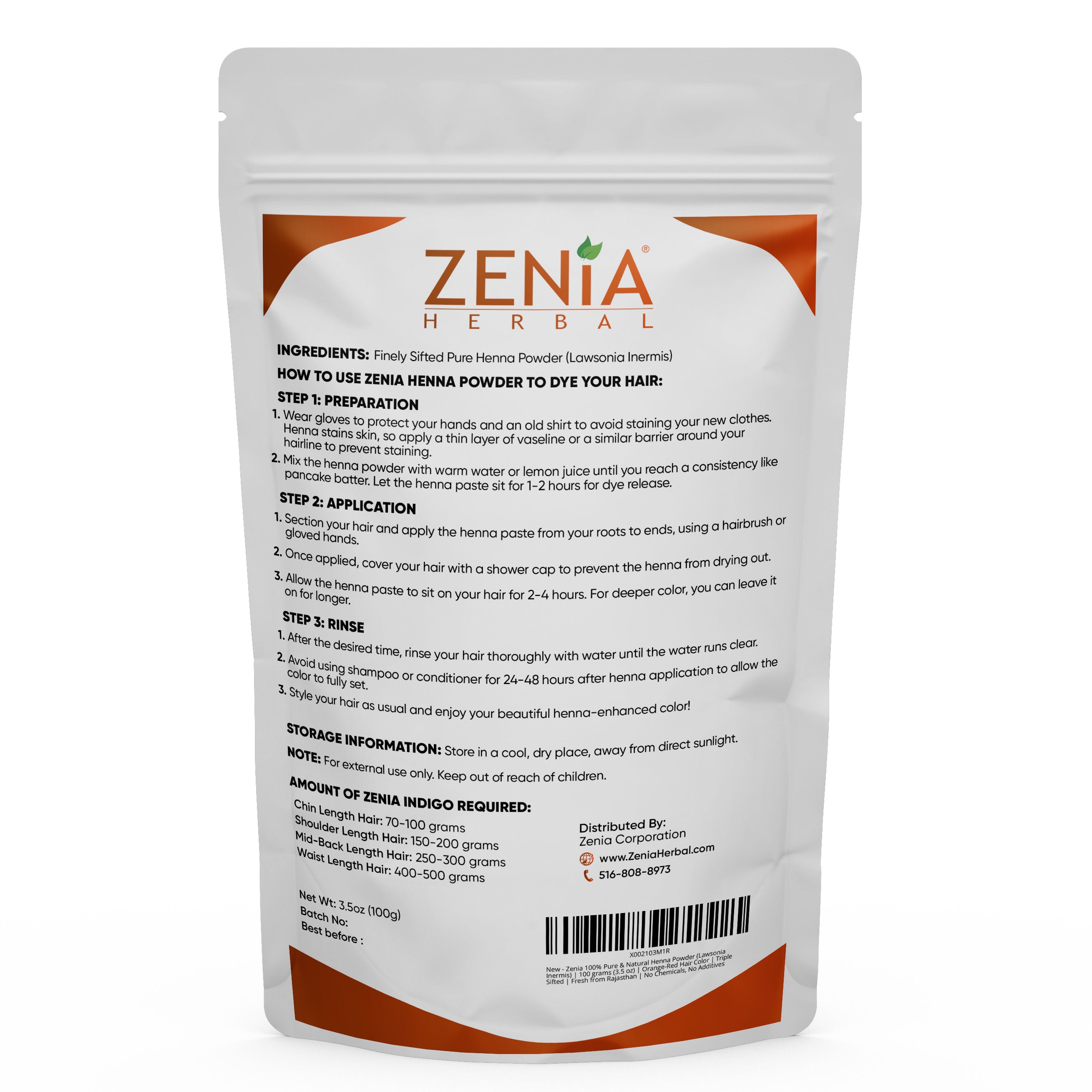 Zenia Pure Henna Powder For Body & Hair Color (2025 Crop) Triple Sifted
