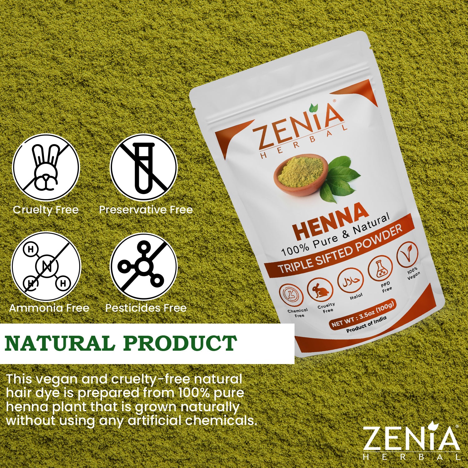 Zenia Pure Henna Powder For Body & Hair Color (Lawsonia inermis) Triple Sifted BAQ 2023 Crop