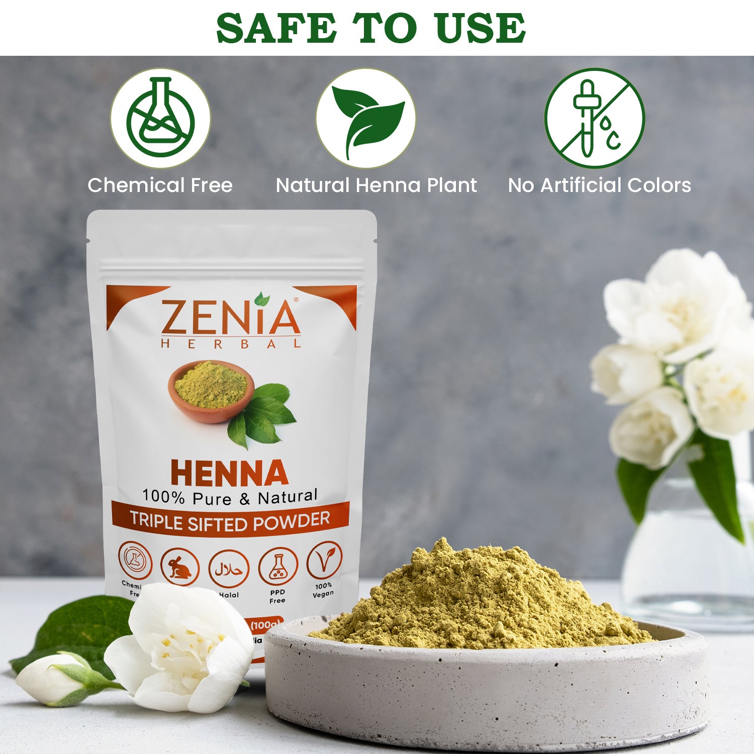 Zenia Pure Henna Powder For Body & Hair Color (Lawsonia inermis) Triple Sifted BAQ 2023 Crop