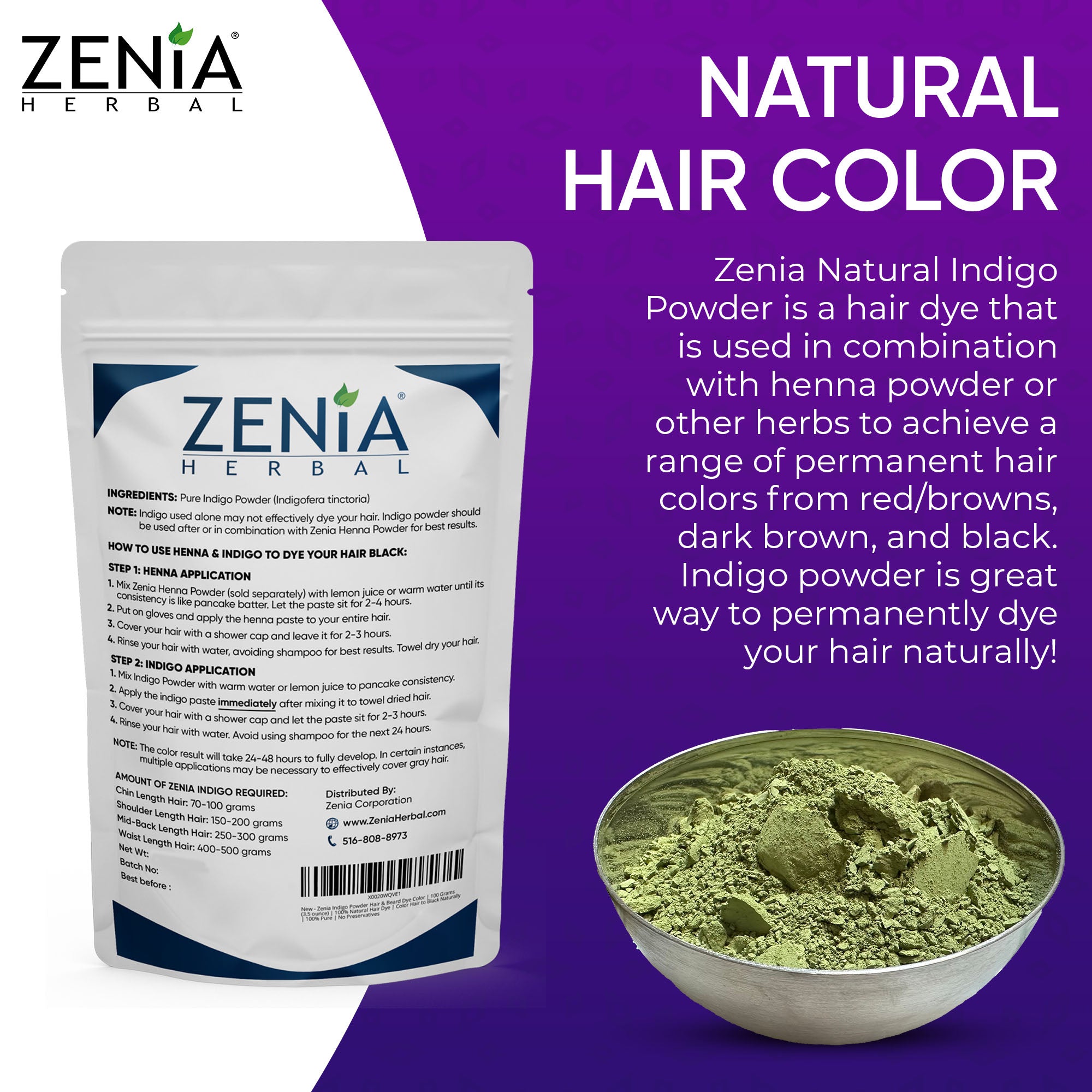 Zenia Indigo-Blue Hair Color Organic Henna 100g