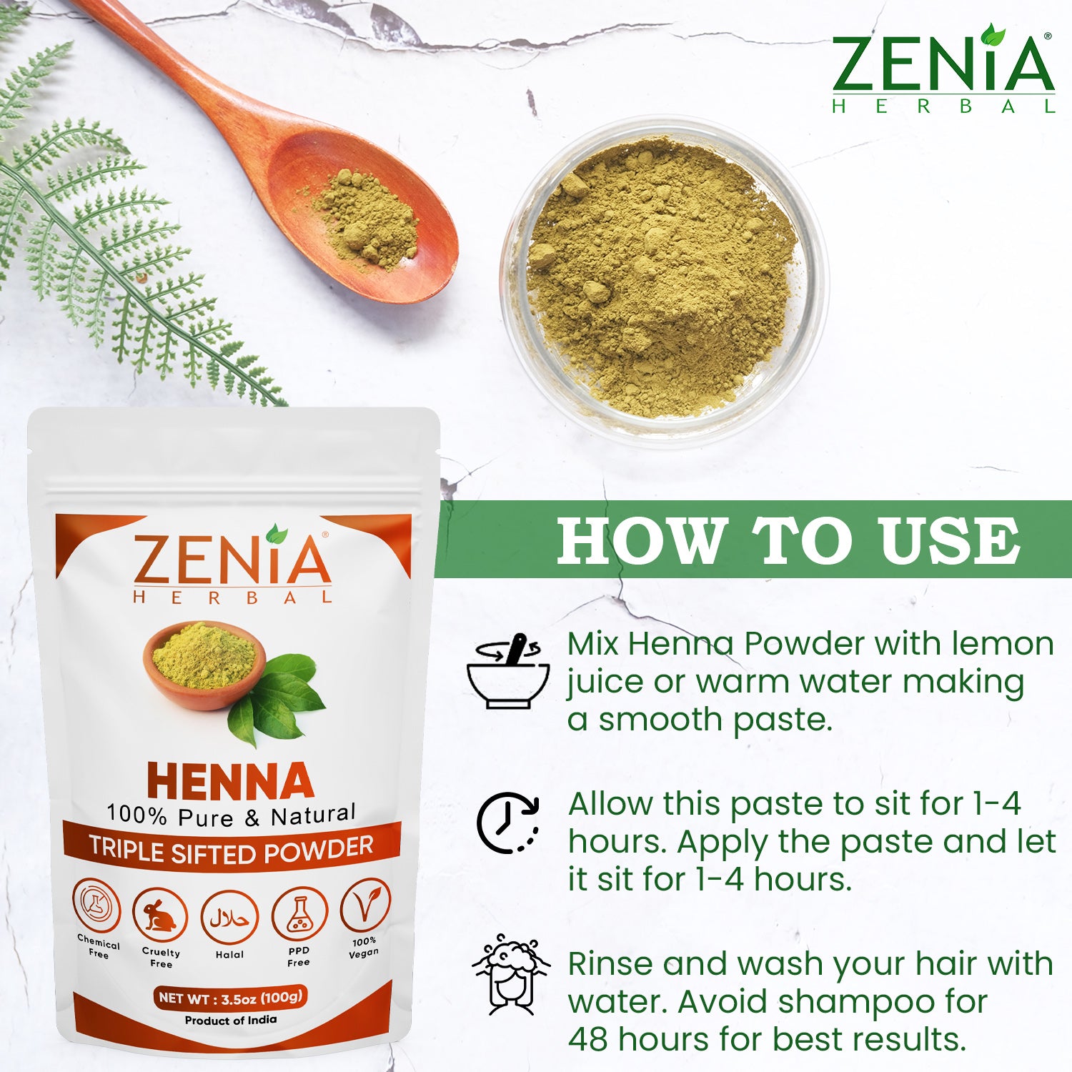Zenia Pure Henna Powder For Body & Hair Color (Lawsonia inermis) Triple Sifted BAQ 2023 Crop