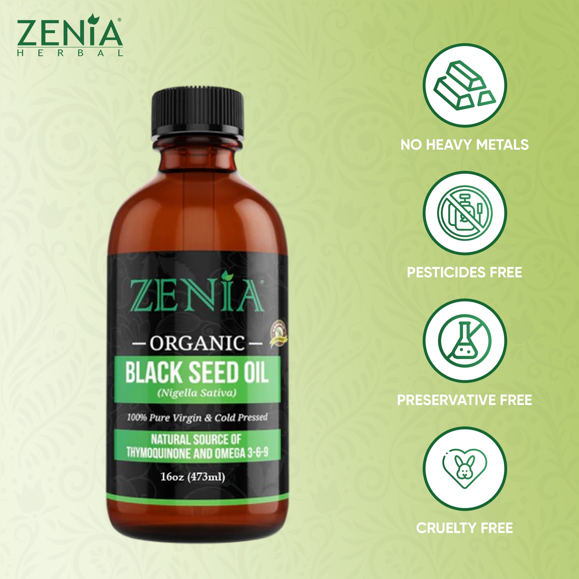 Zenia Pure Cold-Pressed (Nigella Sativa) Black Seed Oil - 16oz