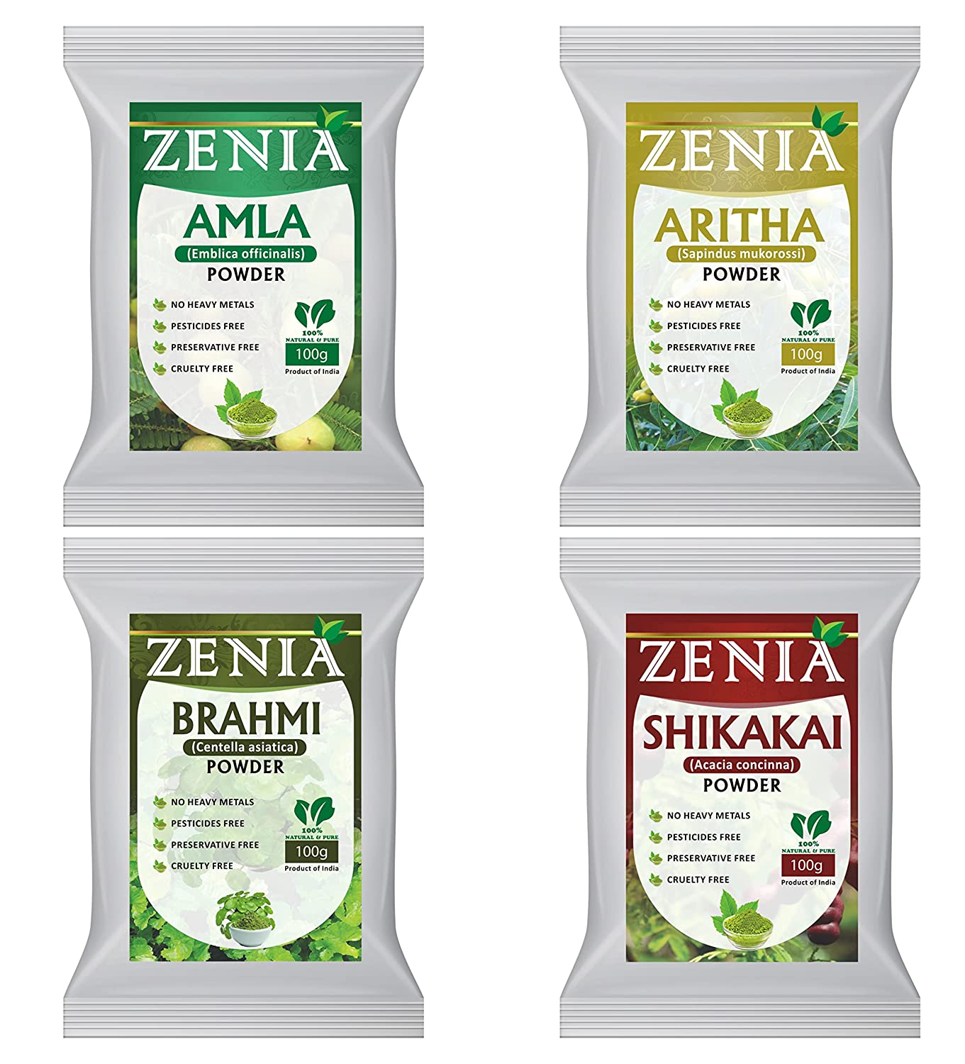 Zenia Herbal Hair Care Powders Combo Pack Amla Powder, Brahmi Powder, Shikakai Powder, Aritha Powder 100 Grams Each