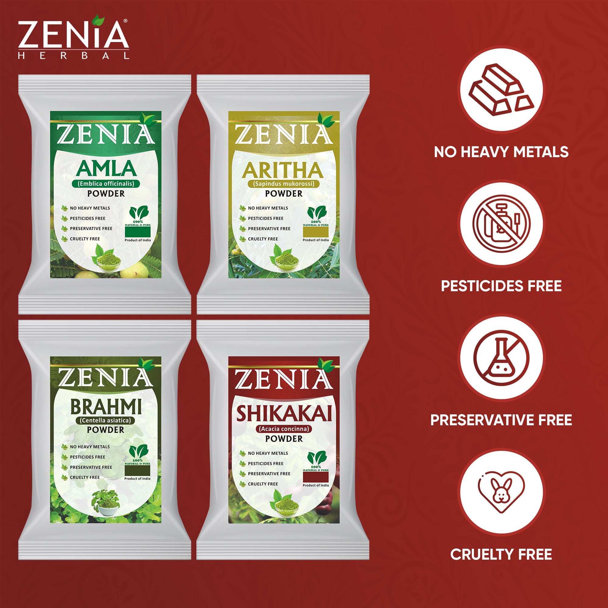Zenia Herbal Hair Care Powders Combo Pack Amla Powder, Brahmi Powder, Shikakai Powder, Aritha Powder 100 Grams Each