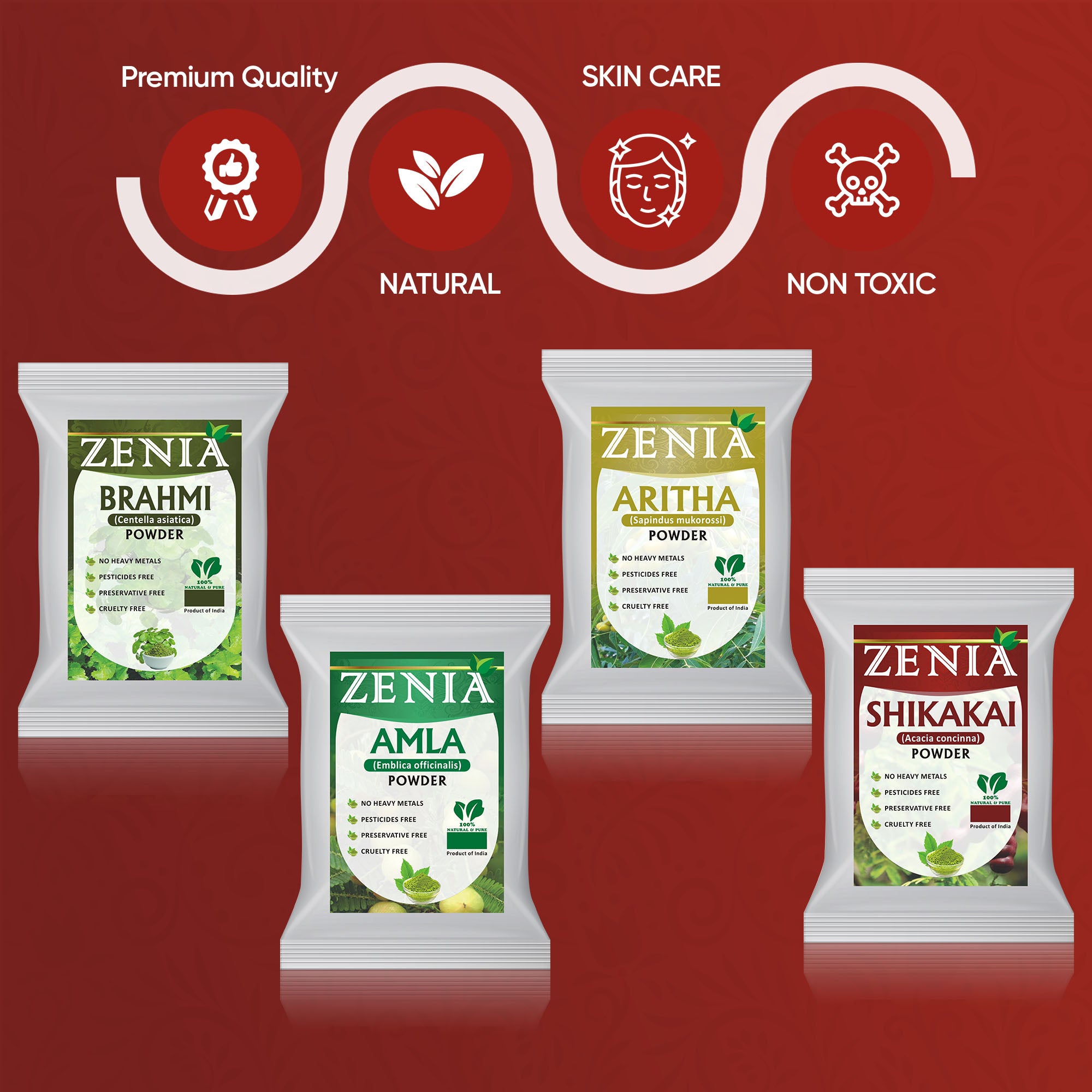 Zenia Herbal Hair Care Powders Combo Pack Amla Powder, Brahmi Powder, Shikakai Powder, Aritha Powder 100 Grams Each