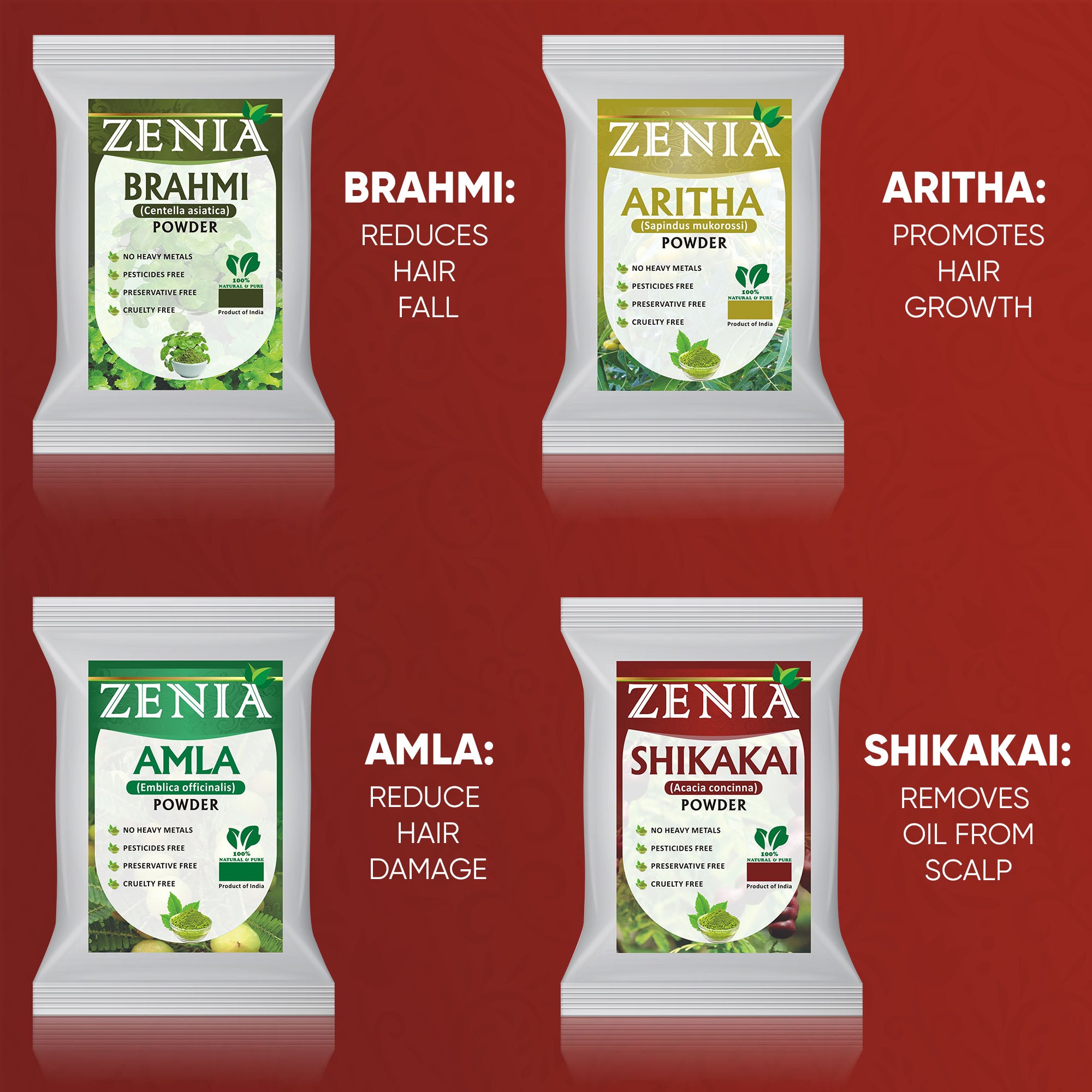 Zenia Herbal Hair Care Powders Combo Pack Amla Powder, Brahmi Powder, Shikakai Powder, Aritha Powder 100 Grams Each