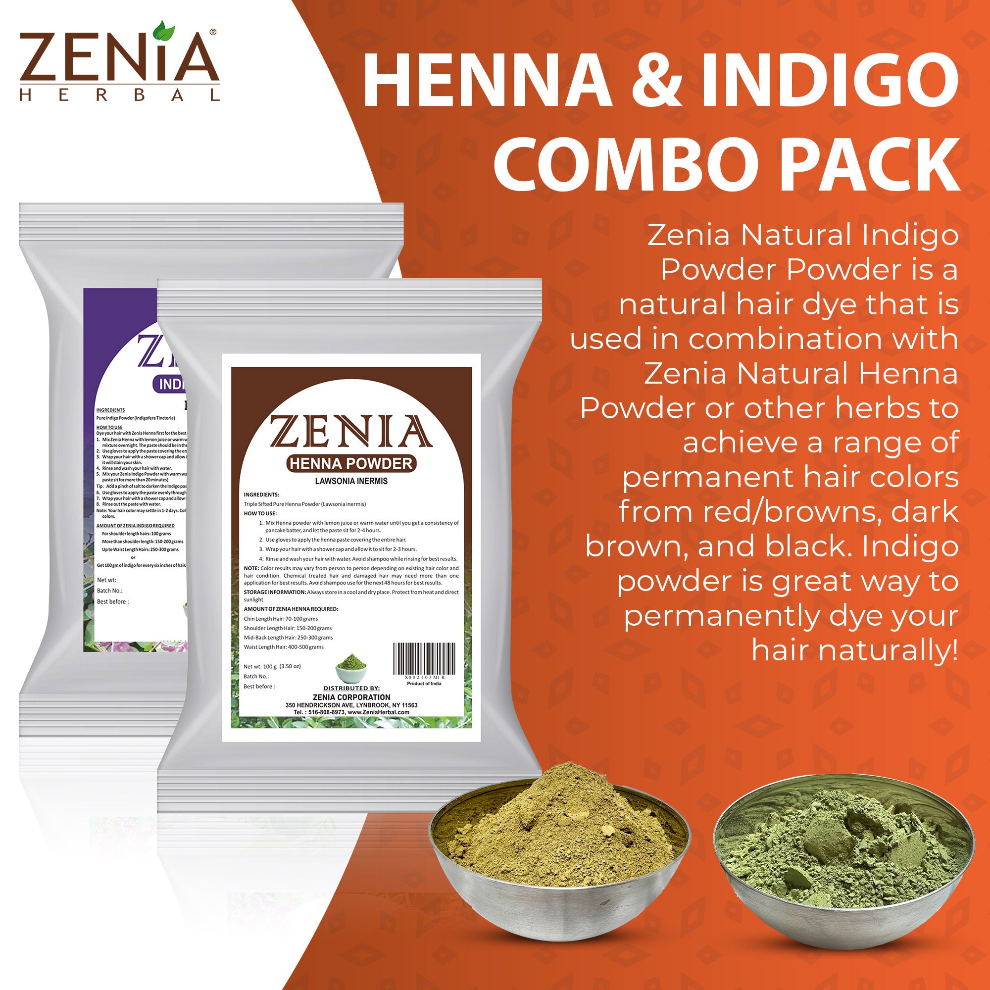 Zenia 100% Pure Indigo Powder and Henna Powder Hair Color Combo Kit 100 Grams Each 2023 Crop