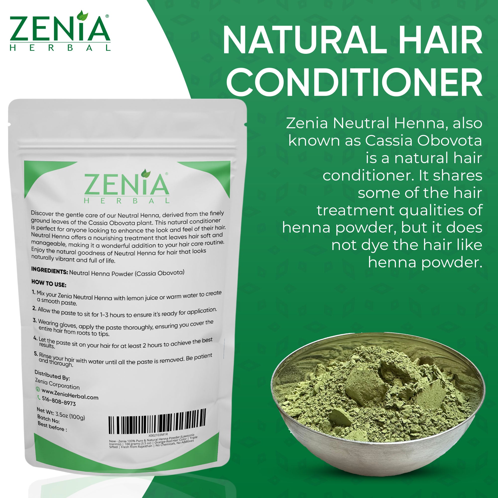 Zenia 100% Pure Neutral Henna Powder (Cassia Obovata) Colorless Henna