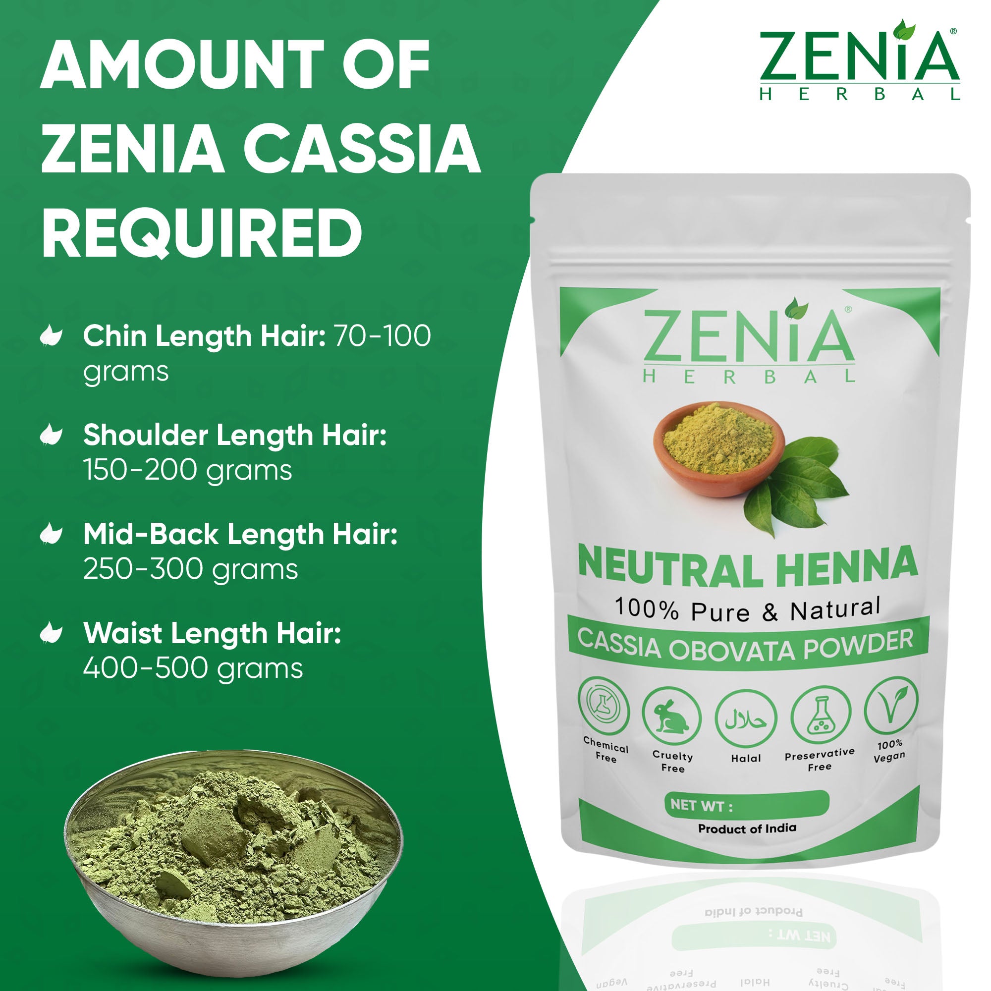 Zenia 100% Pure Neutral Henna Powder (Cassia Obovata) Colorless Henna