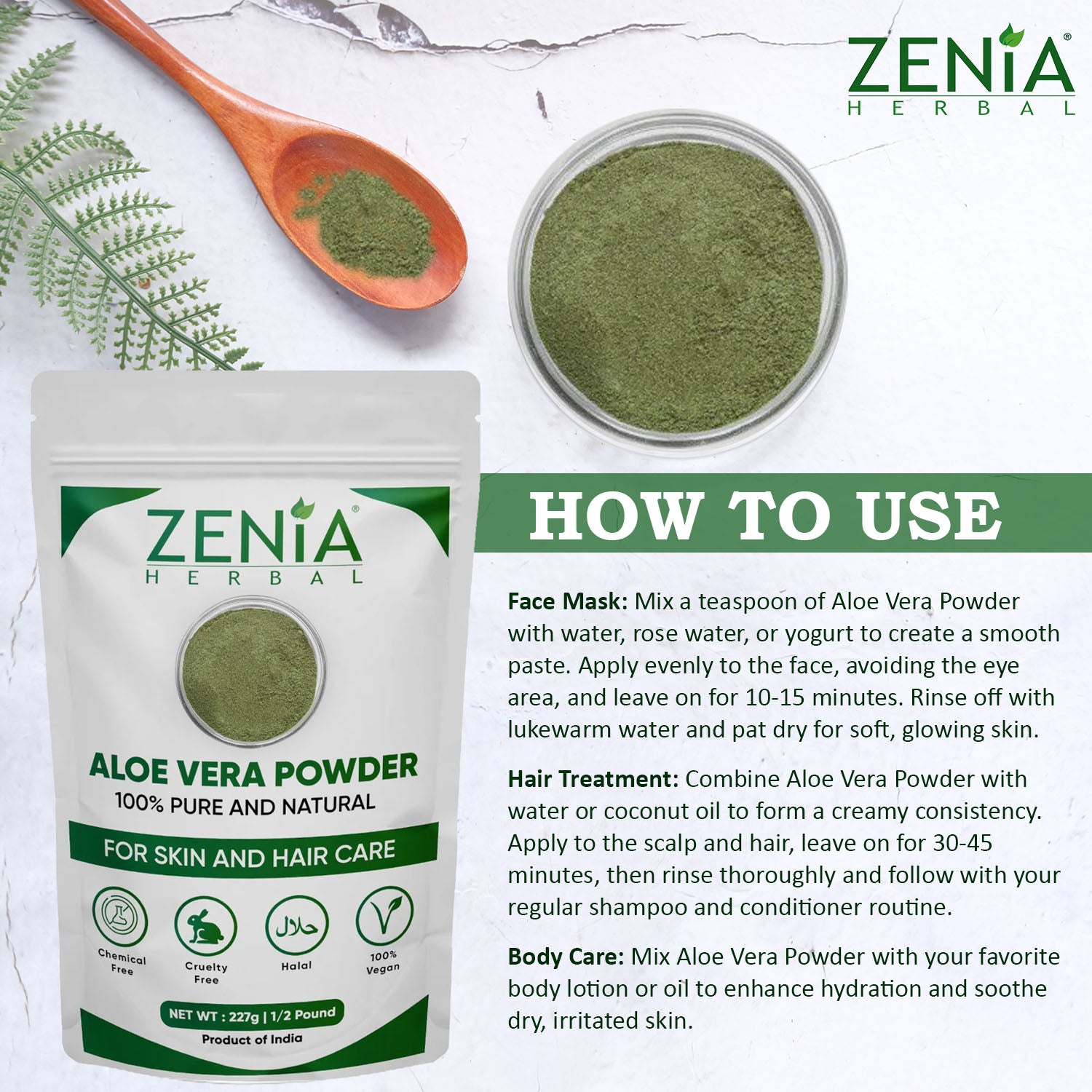 Zenia's Aloe Vera Powder for Hair and Skin