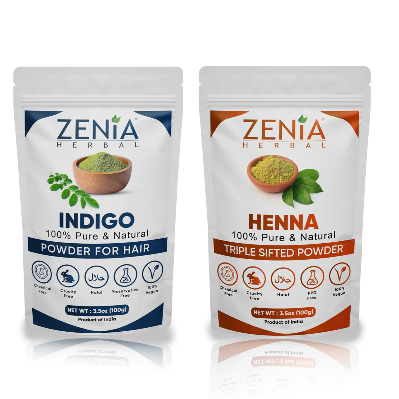 Zenia 100% Pure Indigo Powder and Henna Powder Hair Color Combo Kit 100 Grams Each 2024 Crop