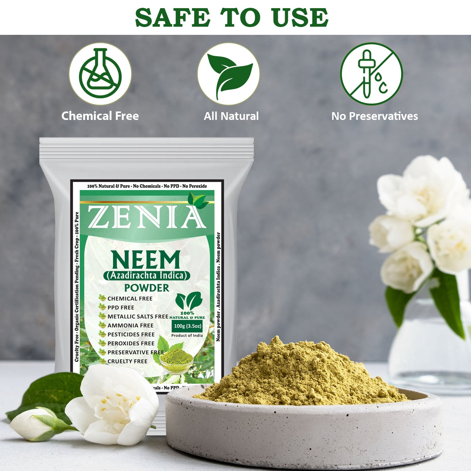 Zenia Pure Neem Powder Edible Grade For Hair, Skin, Health Care