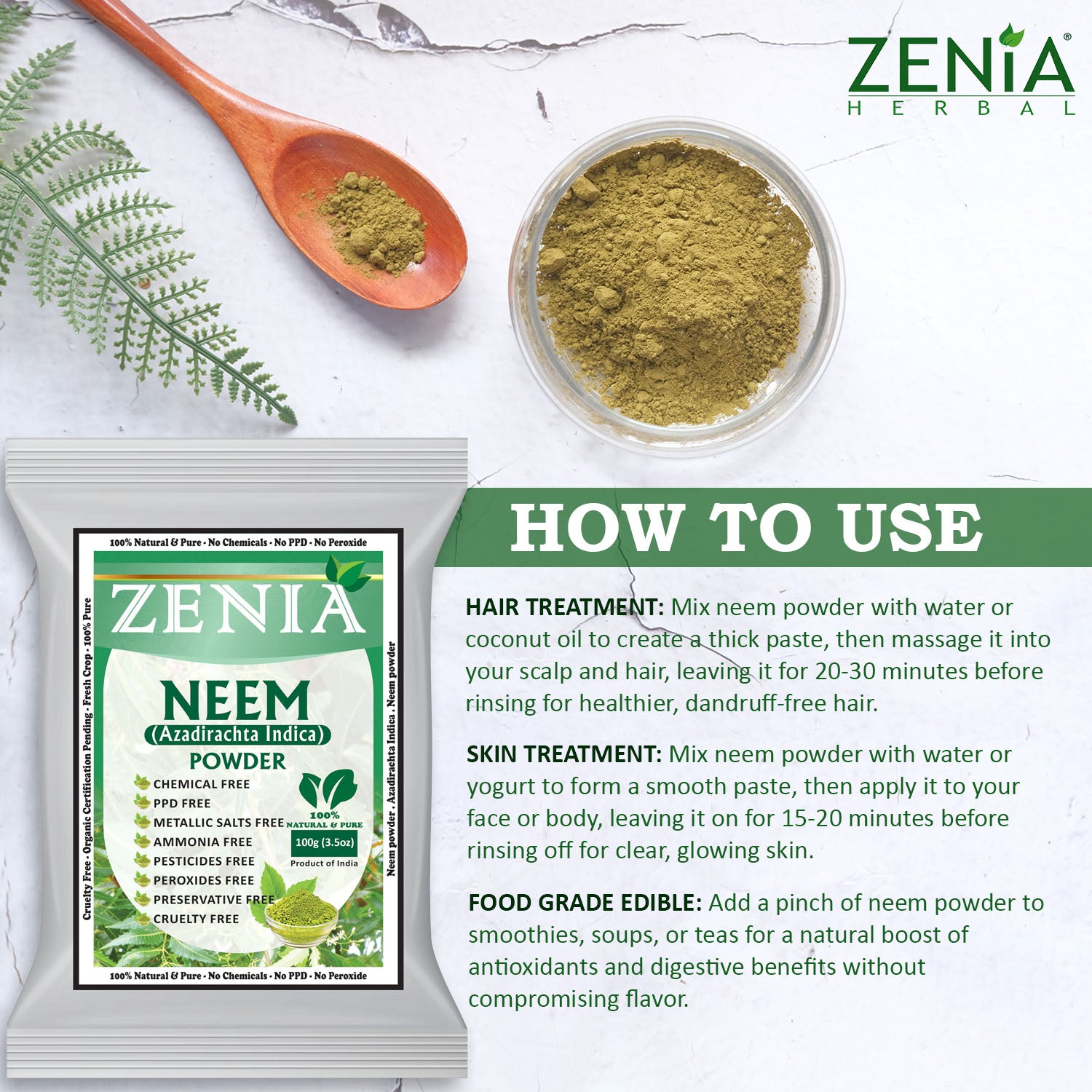 Zenia Pure Neem Powder Edible Grade For Hair, Skin, Health Care