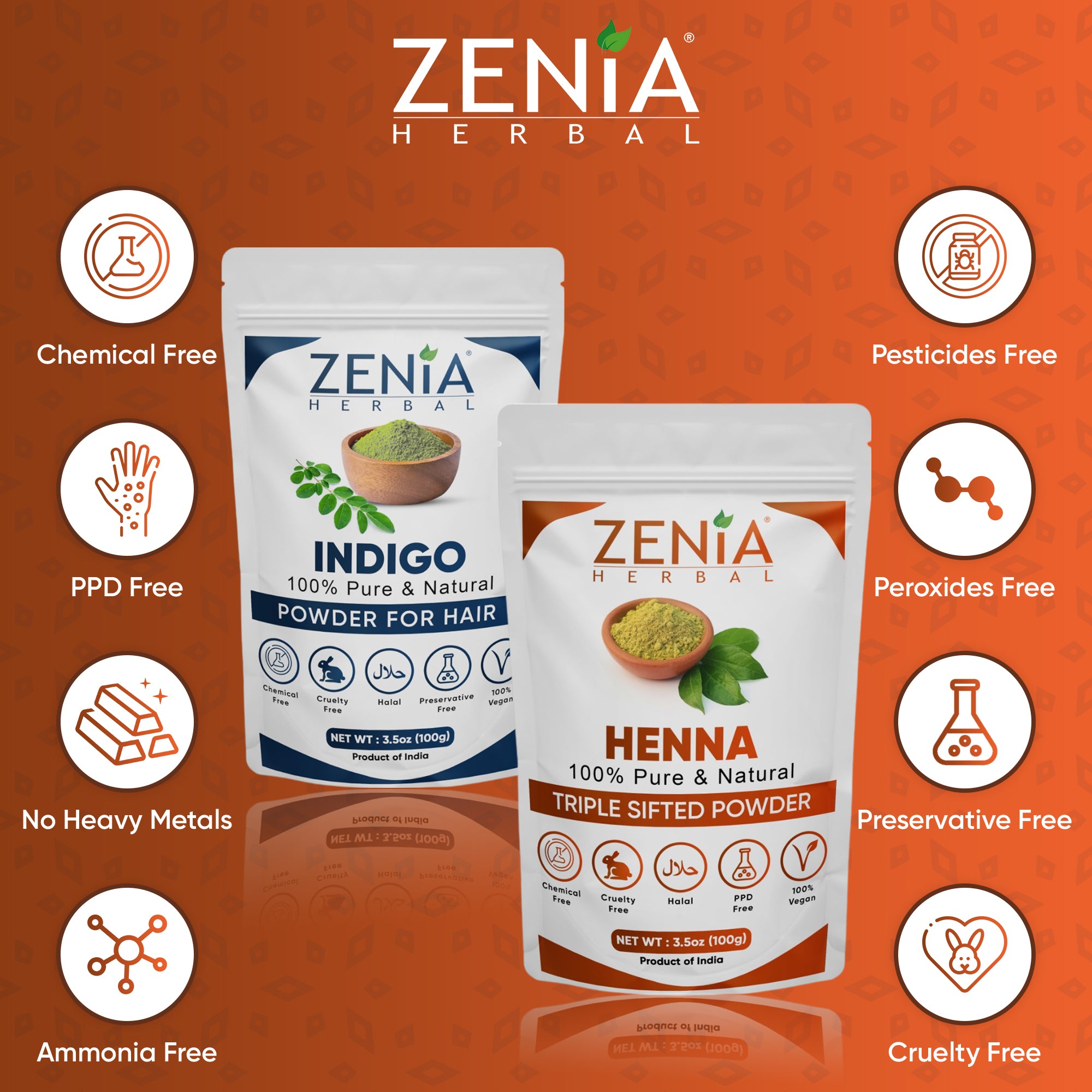 Zenia 100% Pure Indigo Powder and Henna Powder Hair Color Combo Kit 100 Grams Each 2024 Crop