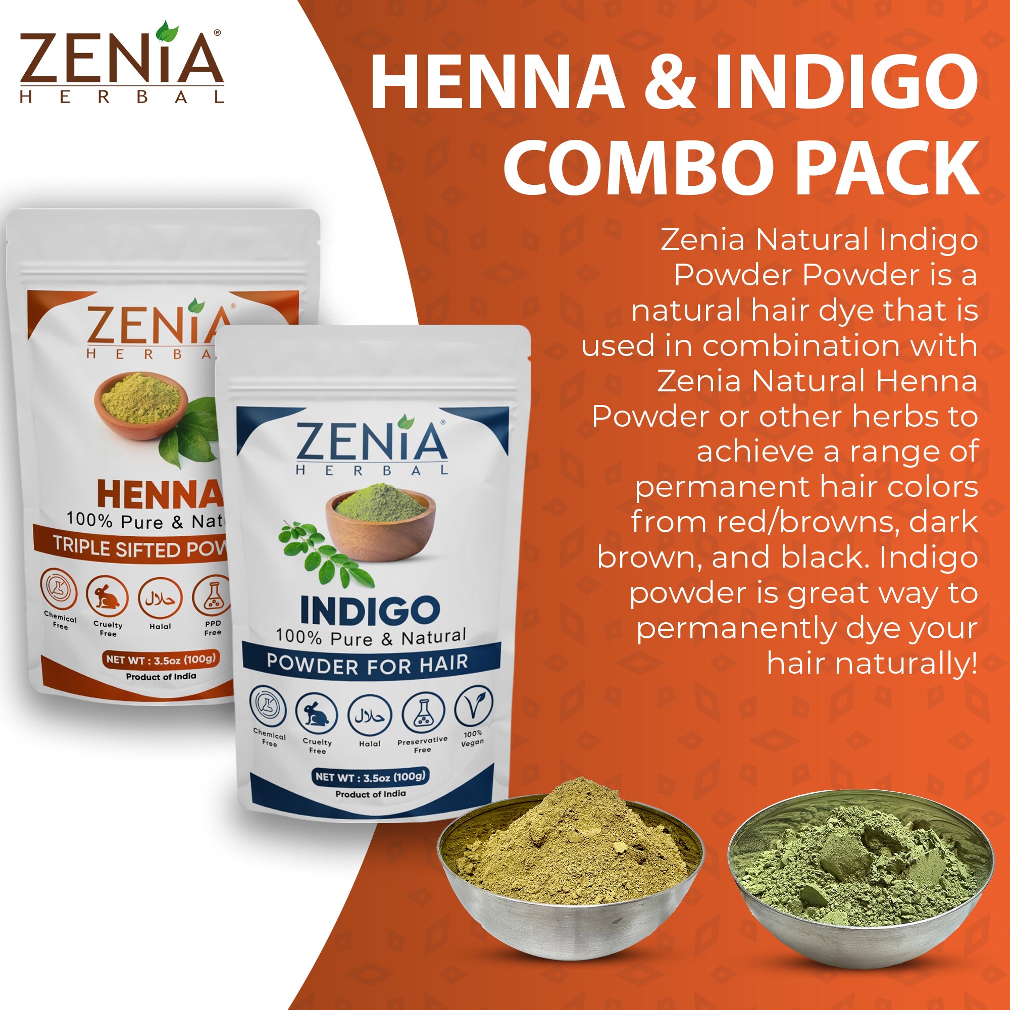 Zenia 100% Pure Indigo Powder and Henna Powder Hair Color Combo Kit 100 Grams Each 2024 Crop