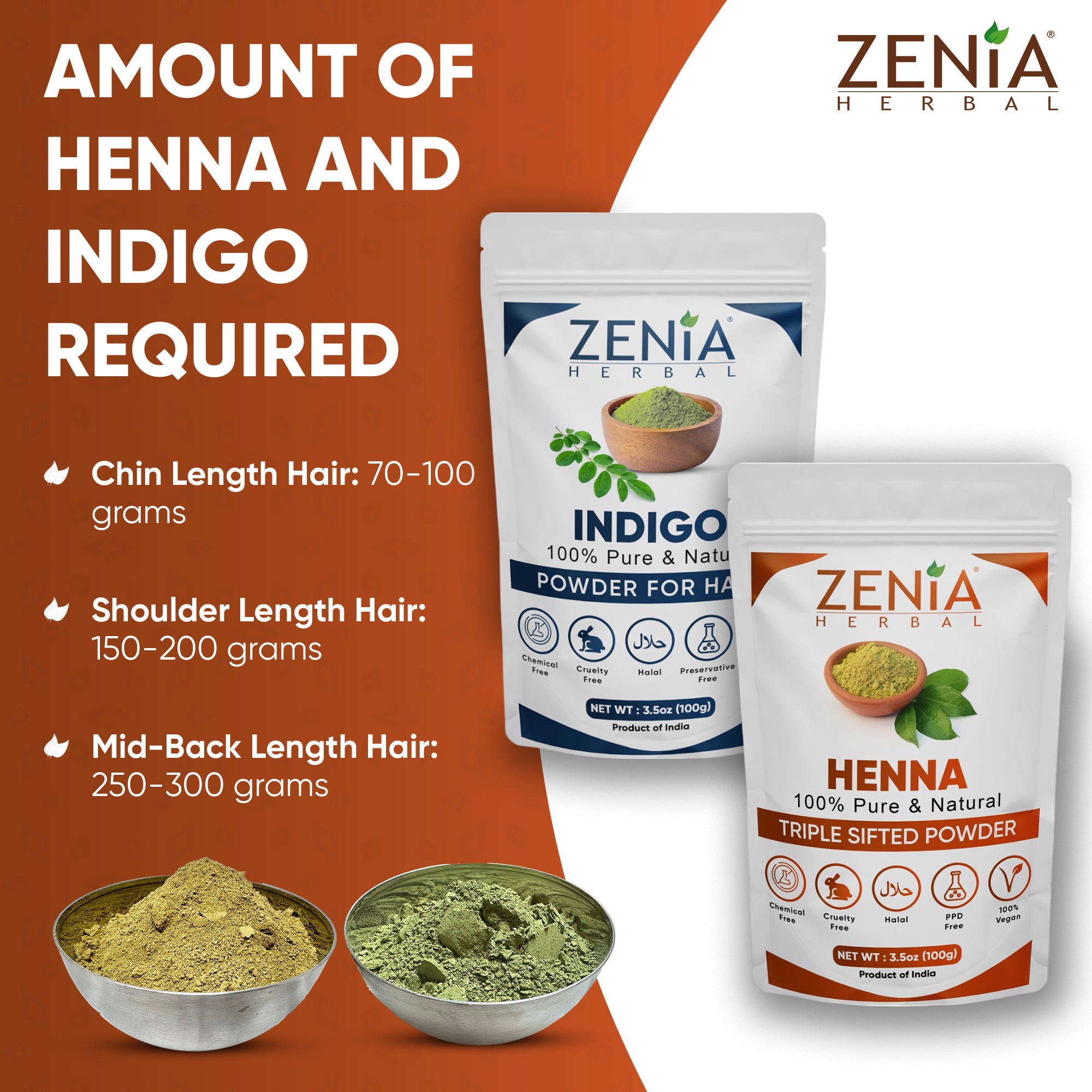 Zenia 100% Pure Indigo Powder and Henna Powder Hair Color Combo Kit 100 Grams Each 2024 Crop