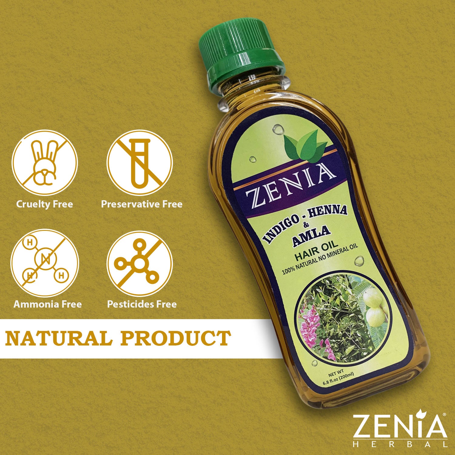 Zenia Indigo Henna Amla Hair Oil 100% Natural No Mineral Oil 200ml