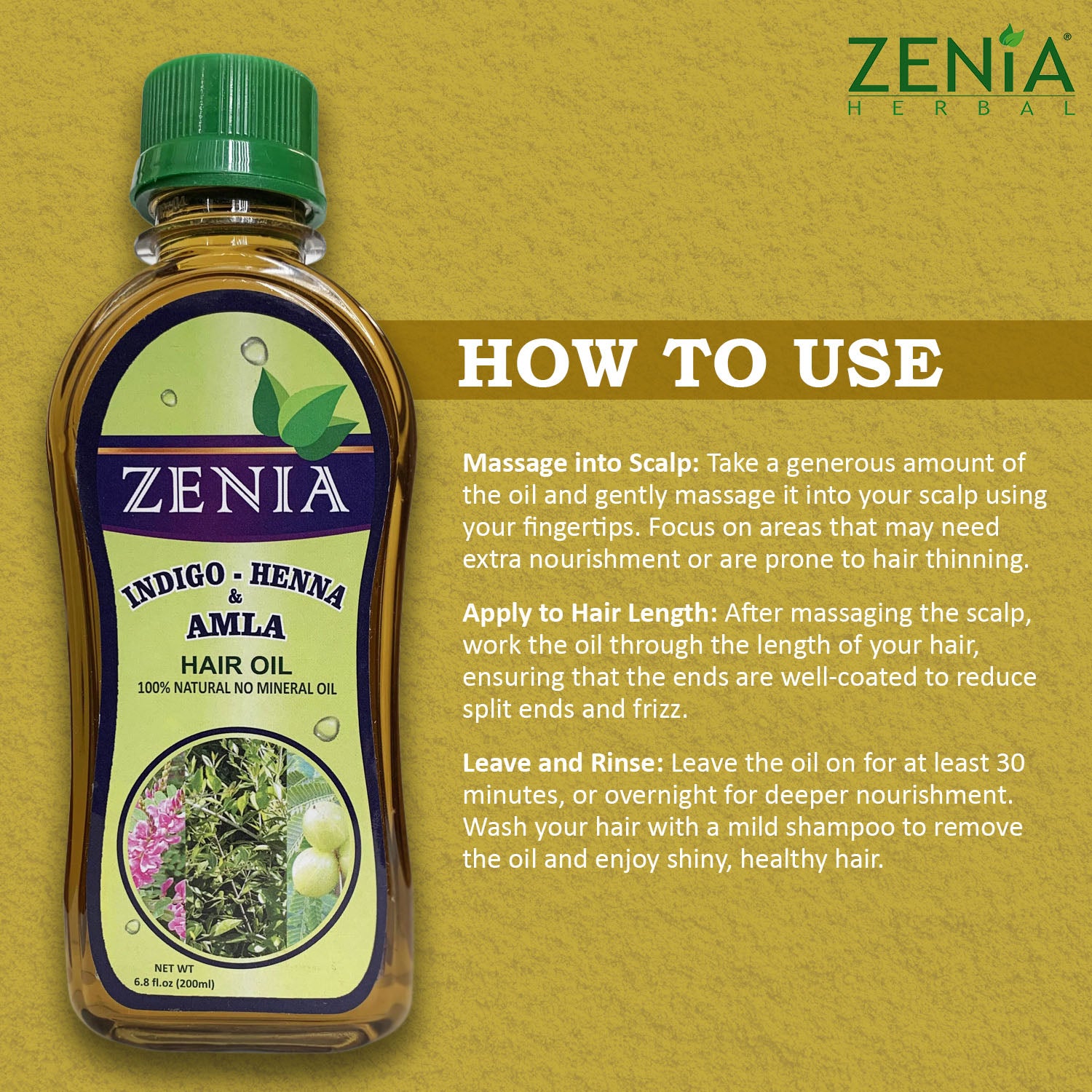 Zenia Indigo Henna Amla Hair Oil 100% Natural No Mineral Oil 200ml