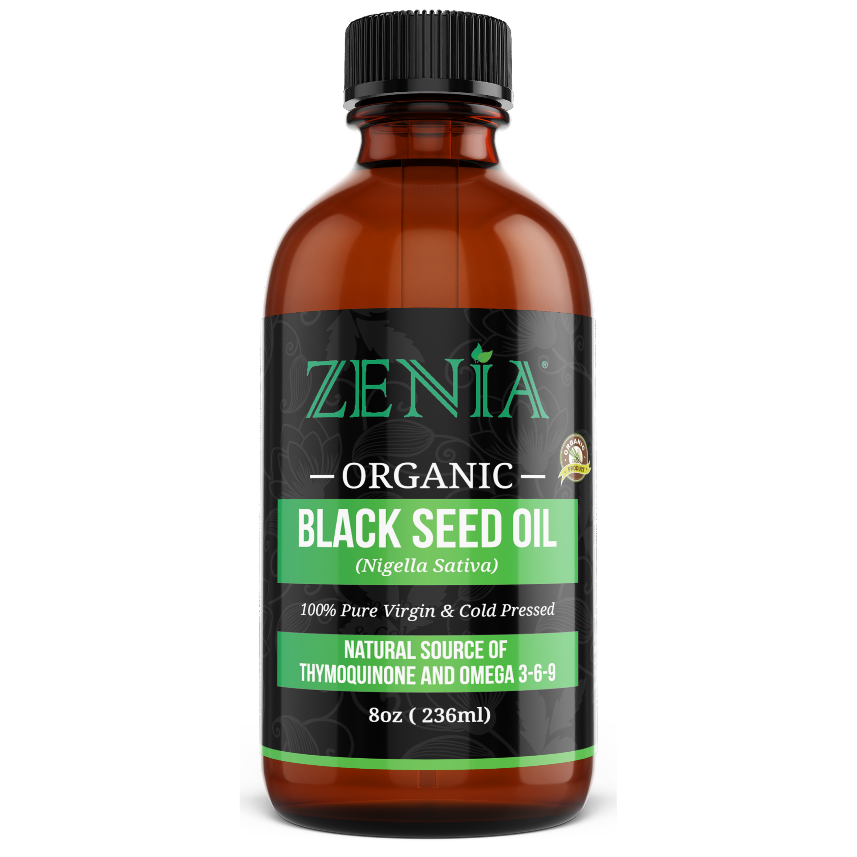 Zenia Pure Cold-Pressed (Nigella Sativa) Black Seed Oil Glass Bottle - 8oz