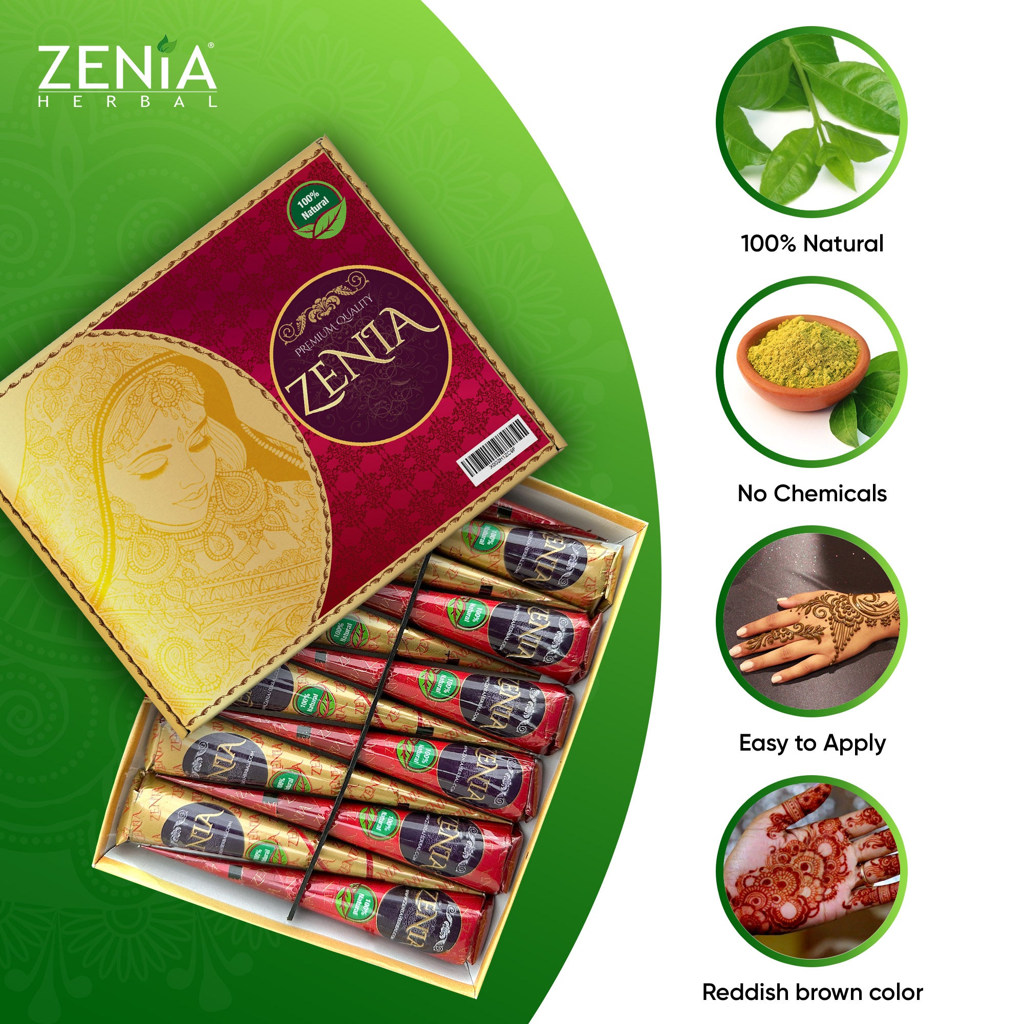 Pack of 12 Zenia 100% Natural Henna Cones Mehndi Cones For Temporary Body Art Tattoo Freckles