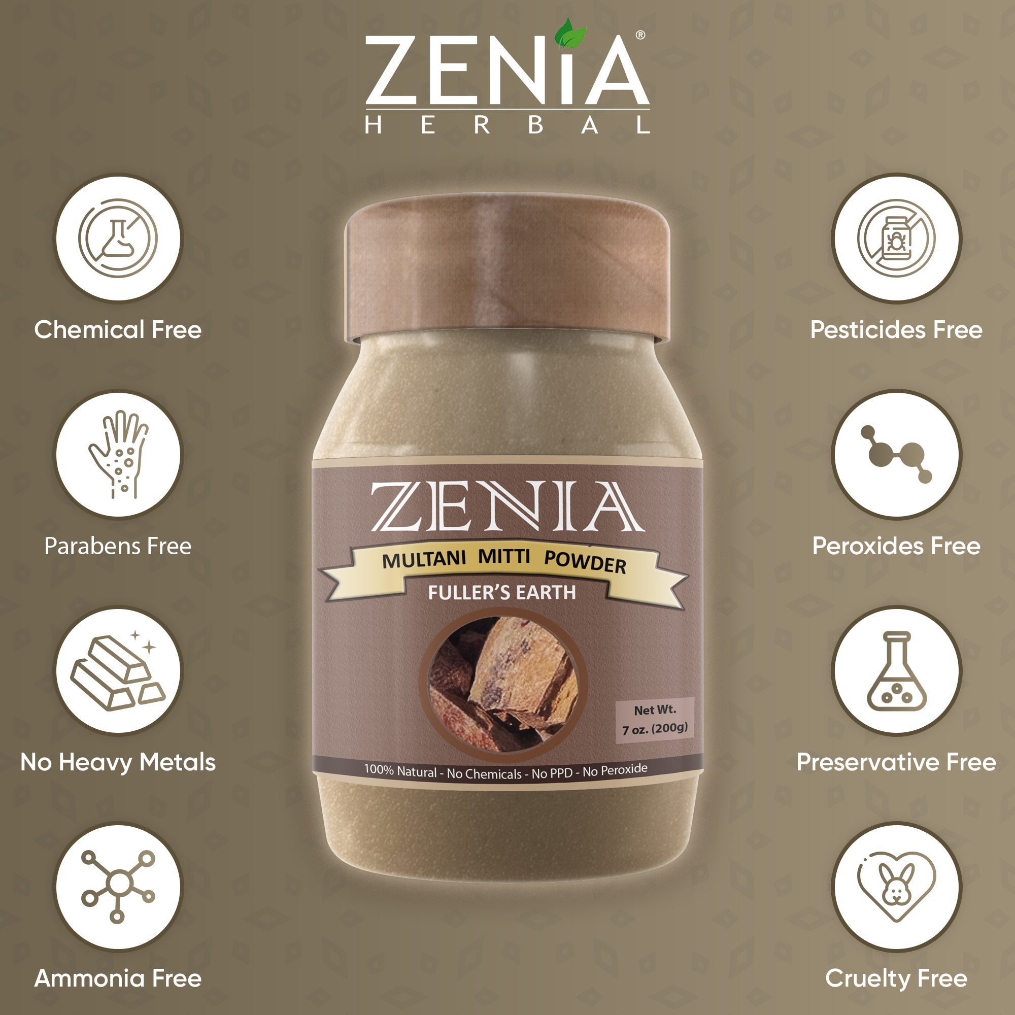 200 grams (7 ounce) Zenia Pure Fullers Earth Powder Jar Multani Mitti Mud Face Pack Powder