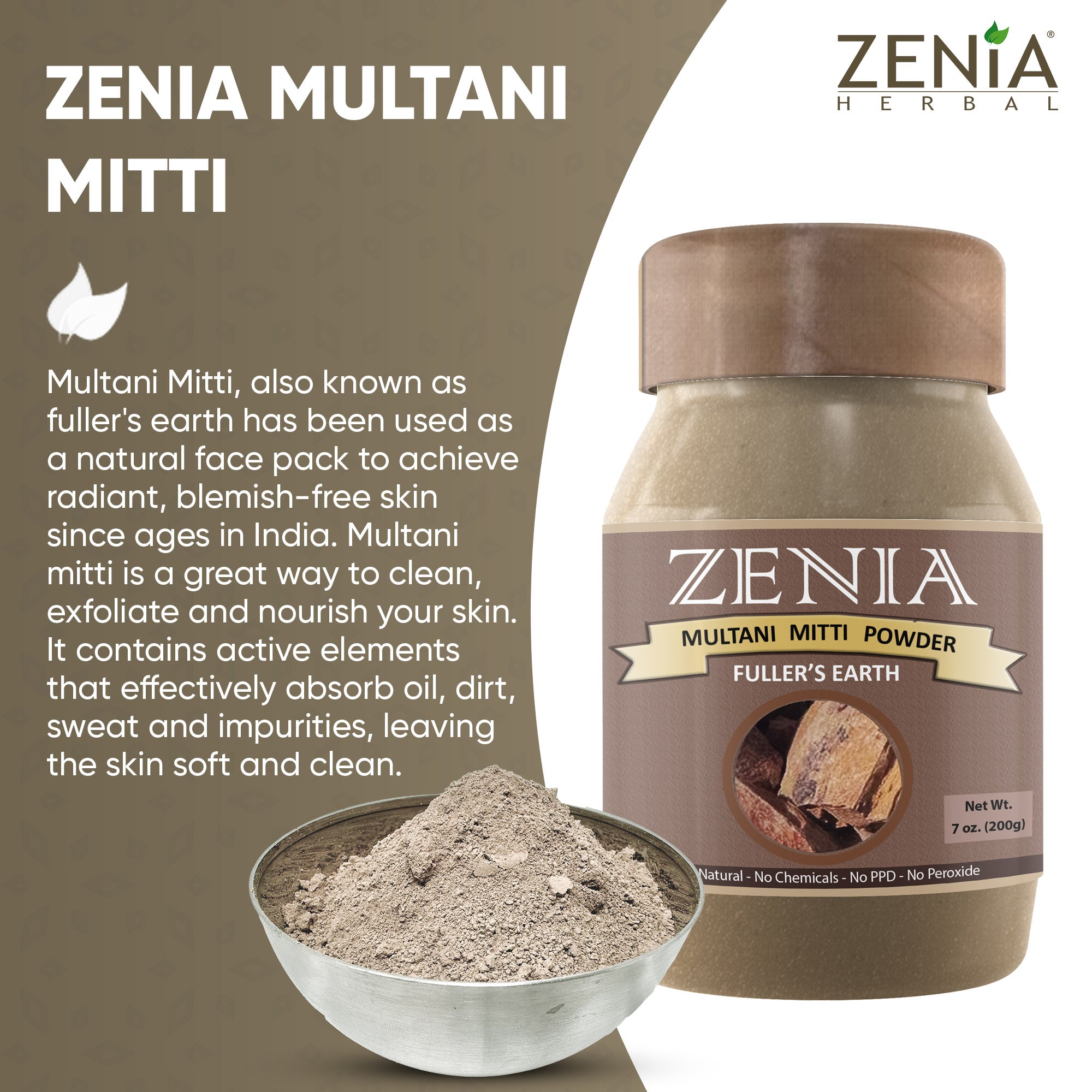 200 grams (7 ounce) Zenia Pure Fullers Earth Powder Jar Multani Mitti Mud Face Pack Powder