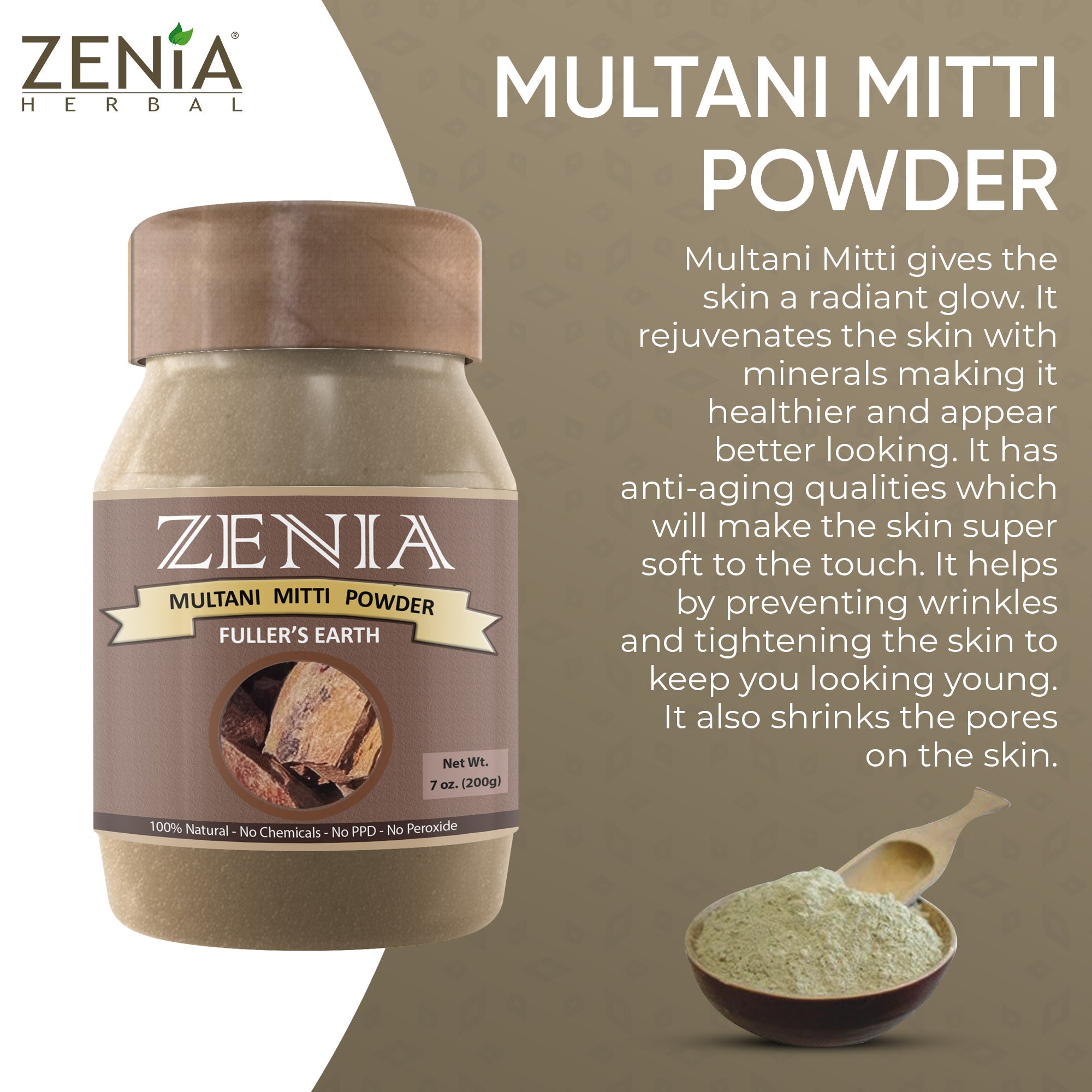 200 grams (7 ounce) Zenia Pure Fullers Earth Powder Jar Multani Mitti Mud Face Pack Powder