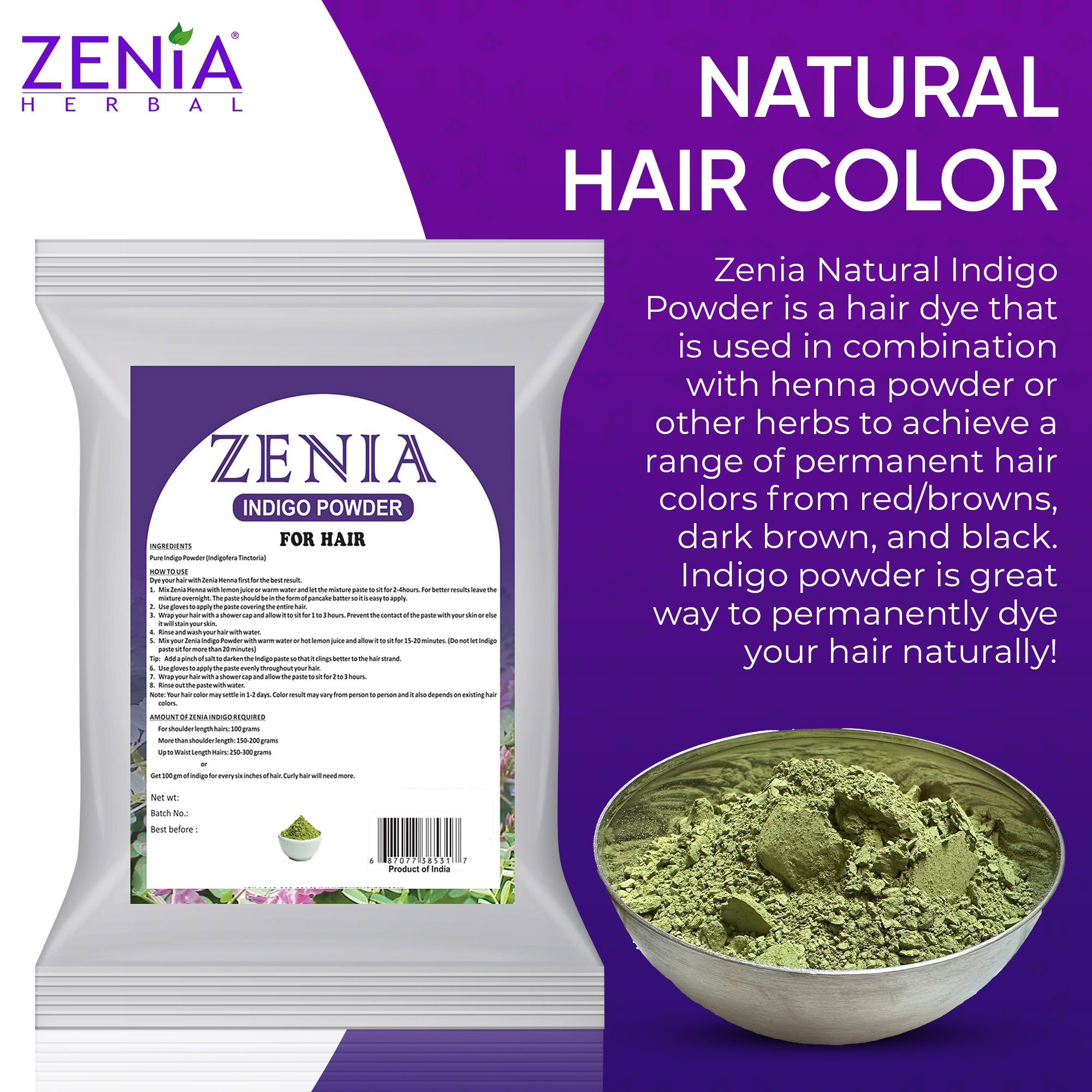 Zenia Indigo Powder Hair & Beard Dye Color 100% Natural Hair Dye 2023 Crop