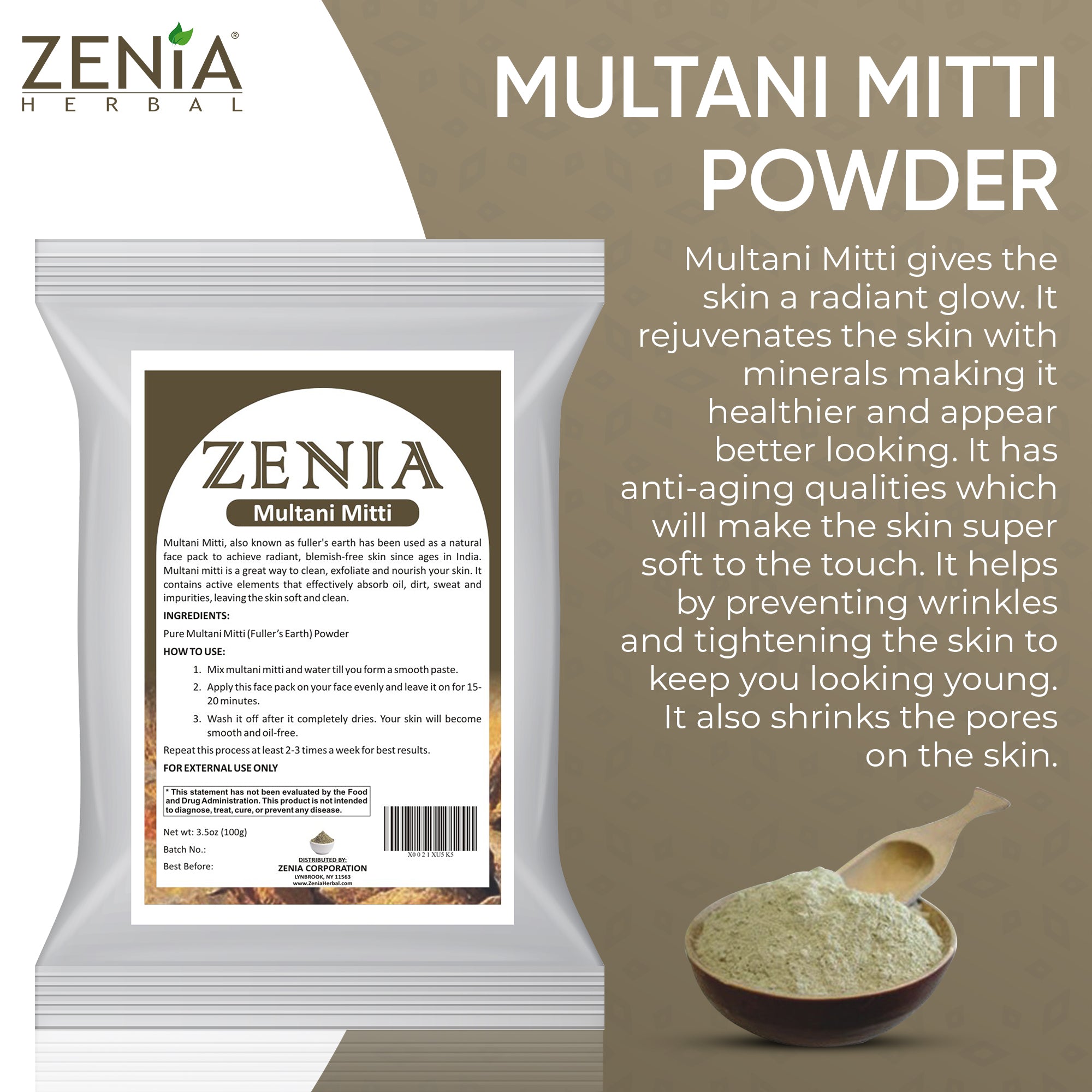 100 grams Zenia Pure Fullers Earth Powder Multani Mitti Mud Face Pack Powder